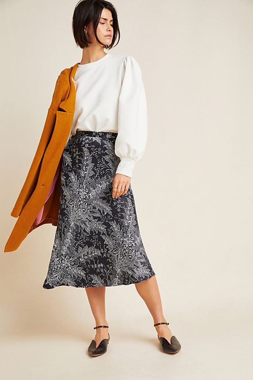 New Anthropologie Bias Floral Satin Midi Skirt $110 SIZE 8 B&W